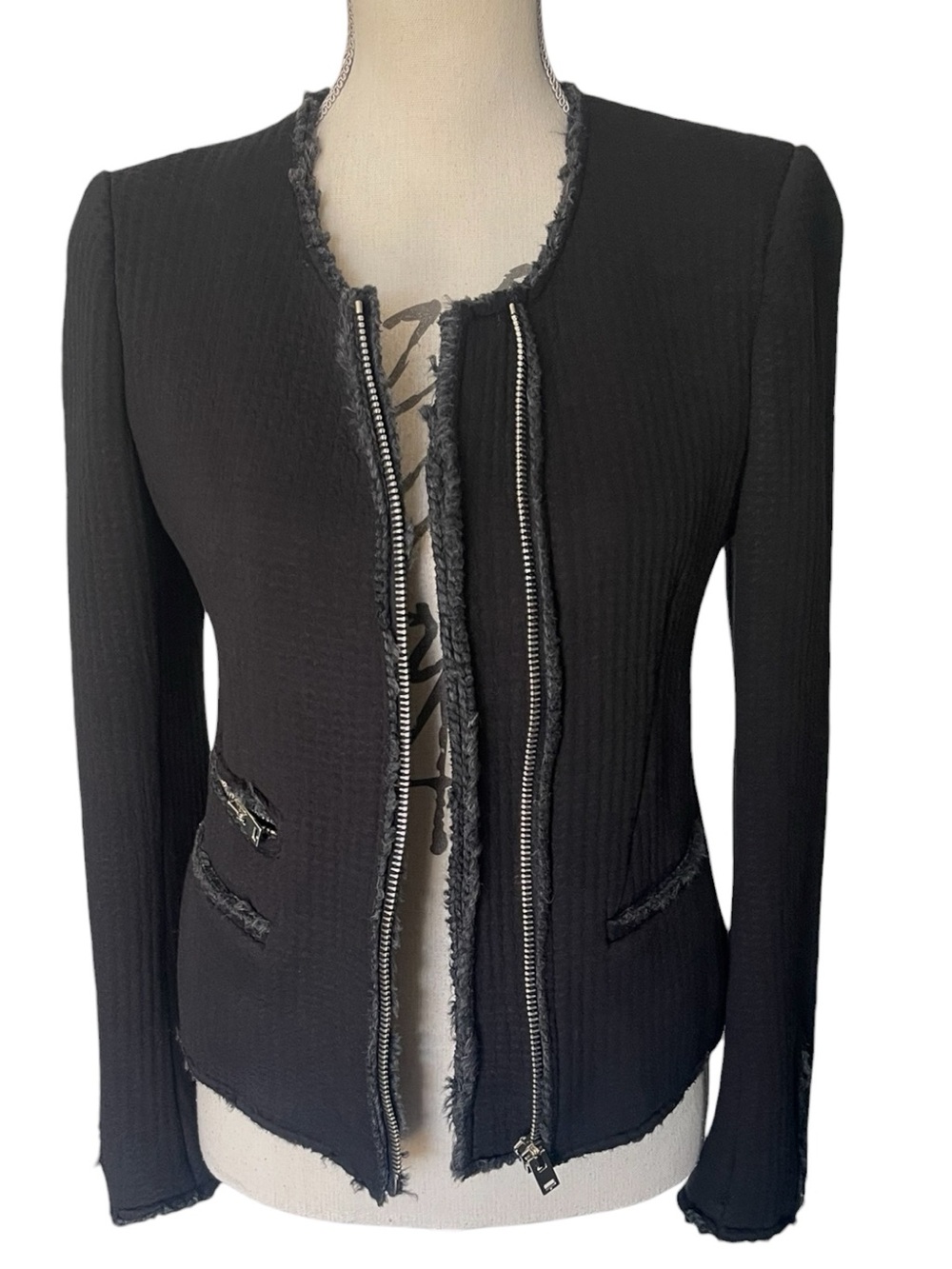 IRO Black/Grey Astrid Knit Zip Front Frayed Edge Cardigan Blazer Jacket (XS/S)